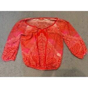 Spoiled Womens Red Pink Paisley Ombre Blouse 3/4 Sleeve Elastic Hem Small